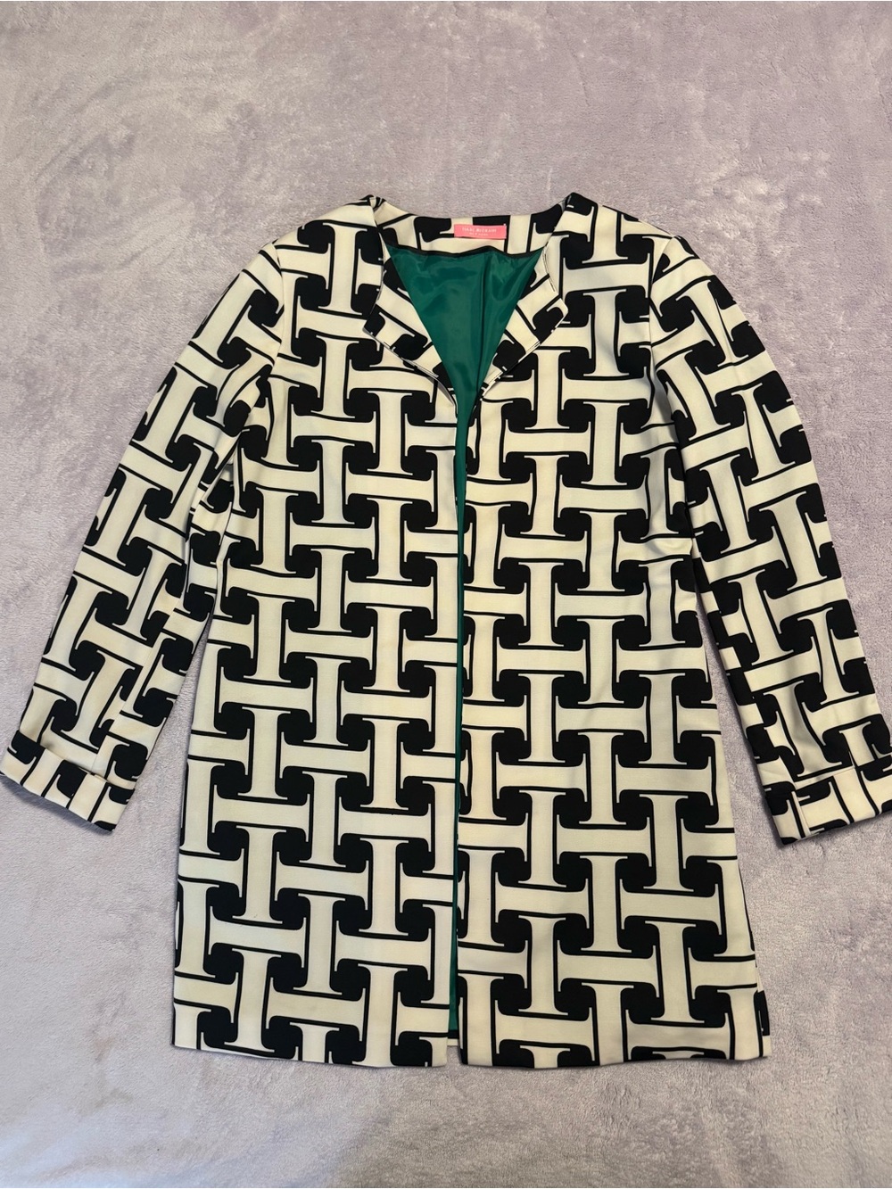 Isaac Mizrahi New York Black & White Geometric Link Print Open Blazer